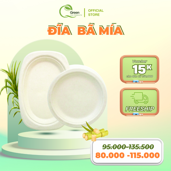 [50 ĐĨA] Đĩa Bã Mía phân hủy Sinh học QGreen (Đĩa Oval 6.5in, Đĩa tròn 7 in, 9in)