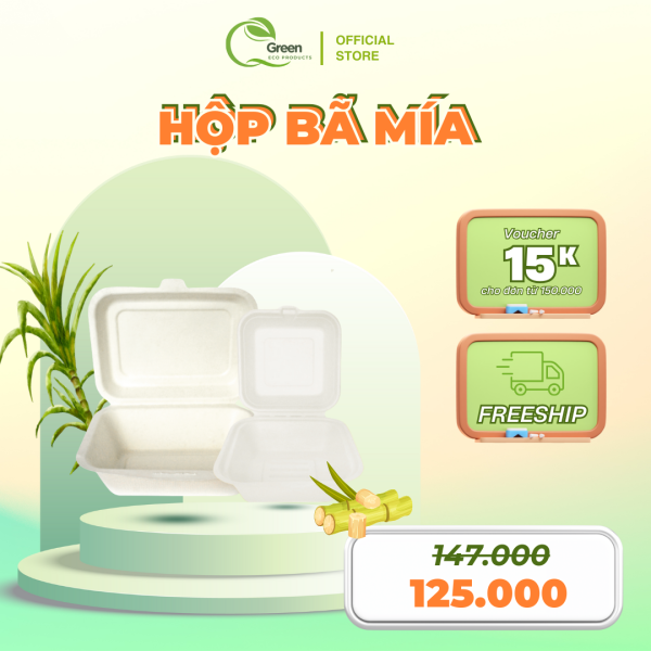 [50 HỘP] Hộp bã mía phân hủy Sinh học QGreen (Hộp CN 7in và Hộp Vuông 600ml)